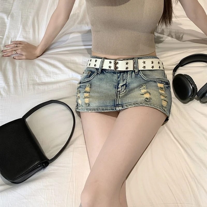 Women's Vintage Blue Washed Distressed Denim Skort Loose Fit High Waist Slimming Stylish Design Summer New Arrival 6