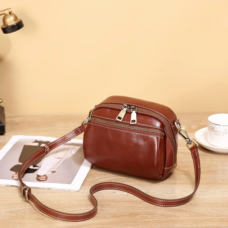 Top Layer Cowhide Shoulder Bag Fashion Genuine Leather Small Round Bag Daily Women's Bags Genuine Leather Crossbody Bag
