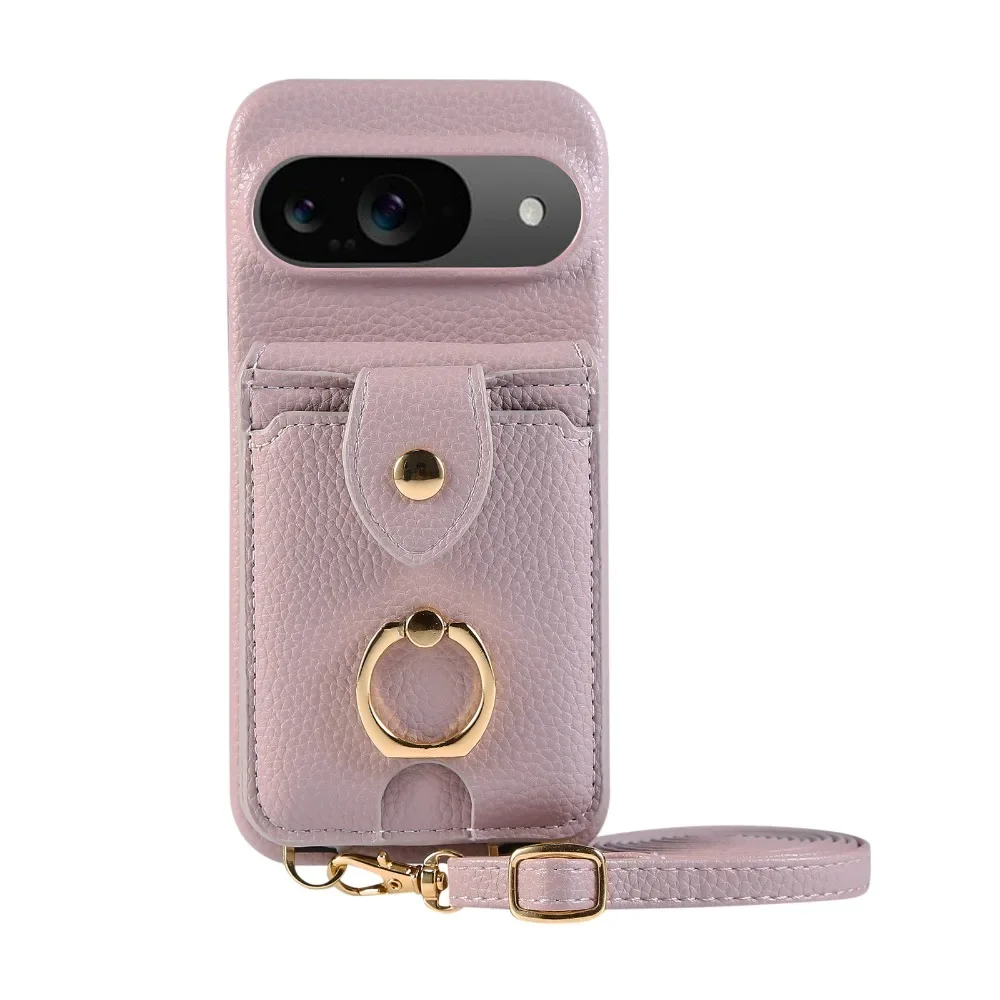 Dual-Function Leather Phone Case with Crossbody Ring and Mirror Wallet