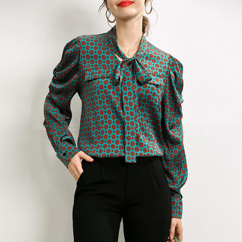 2022 New Spring Autumn Women Chiffon Blouse Office Lady Real Silk Shirt Dot Printed Full Sleeve Bow Neck S4256