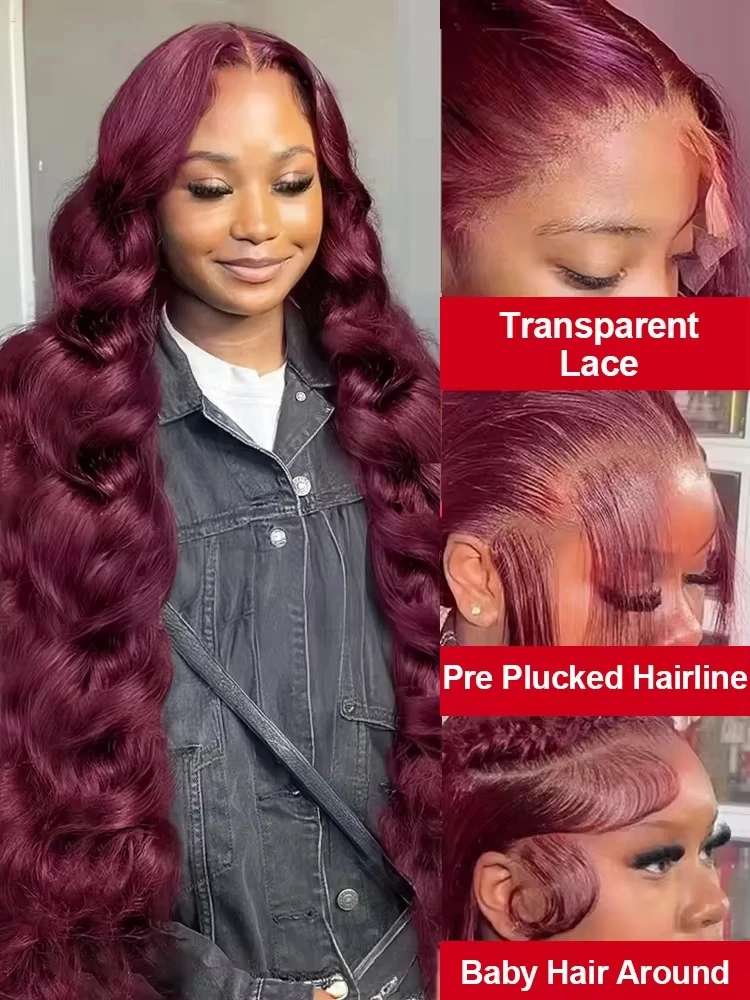 28 Inch 99j Burgundy Lace Front Wigs Human Hair Red Burgundy Wig 250% Density 13x4 Body Wave Lace Front Wigs Pre Plucked 5