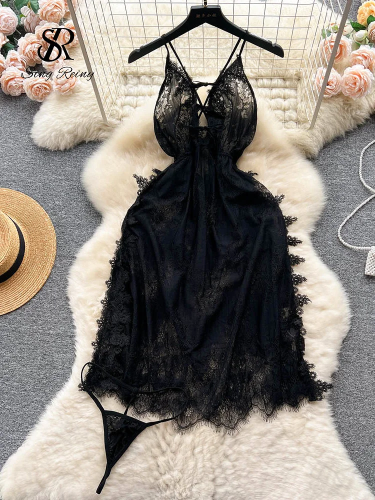 SINGREINY Women Floral Lace Sheer Night Dress Strap Bow