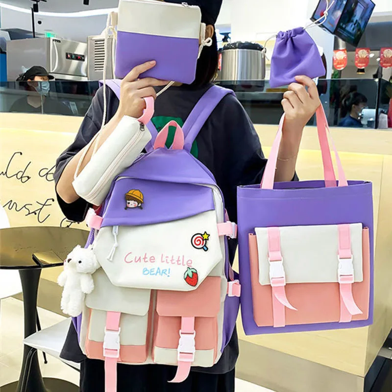 5 PCS Backpack for Middle School Students Female Korean Version Large Capacity Schoolbag for Grade 3-6 Primary School Students