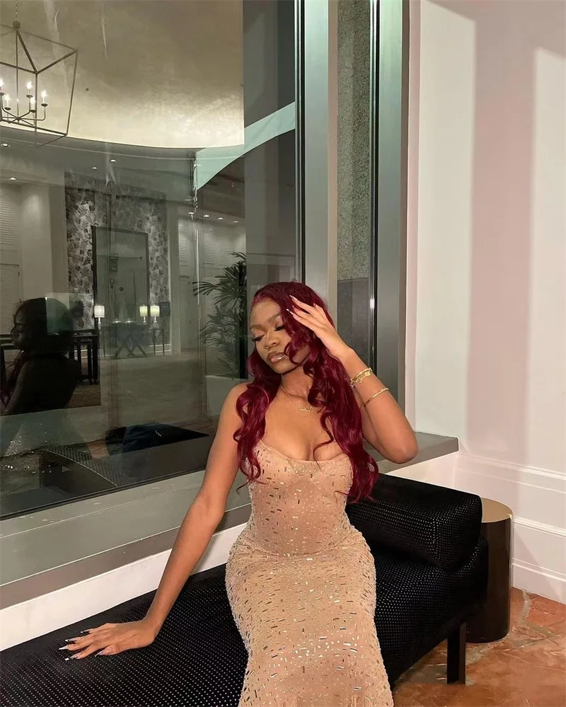 Sequins Rhinestone Women Prom Dress Spaghetti Strap Boat Neck Party Gown women prom dresses