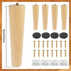 Set of 4 Natural Wooden Furniture Legs with Non - Slip Floor Protectors (Straight Foot 15cm)