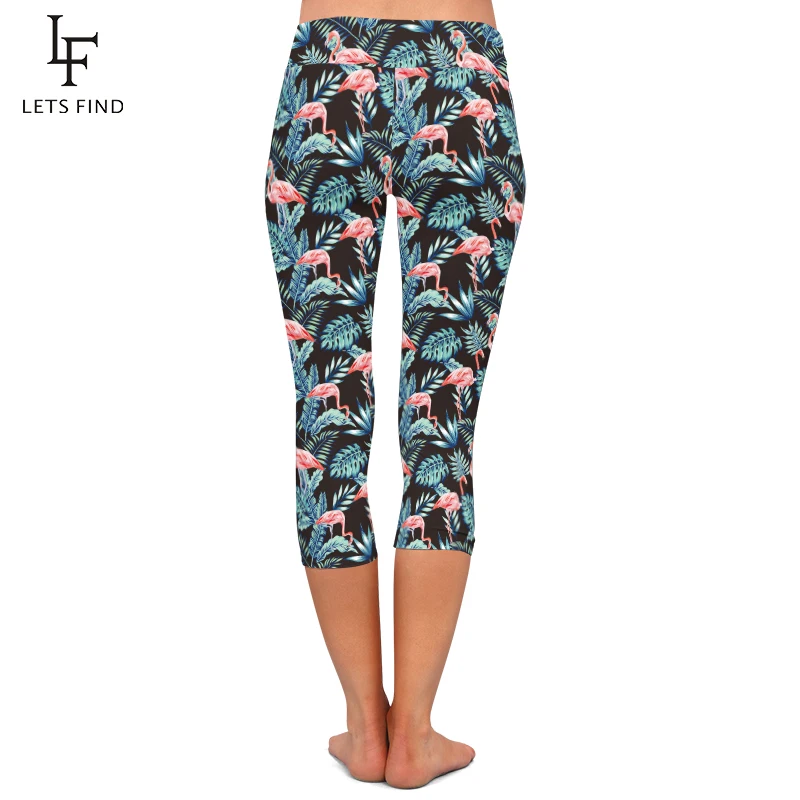 Fashion 3D Printing Flamingos Pattern High Quality Women Capri Leggings High Waist Milk Silk  Mid-Calf Black Leggings