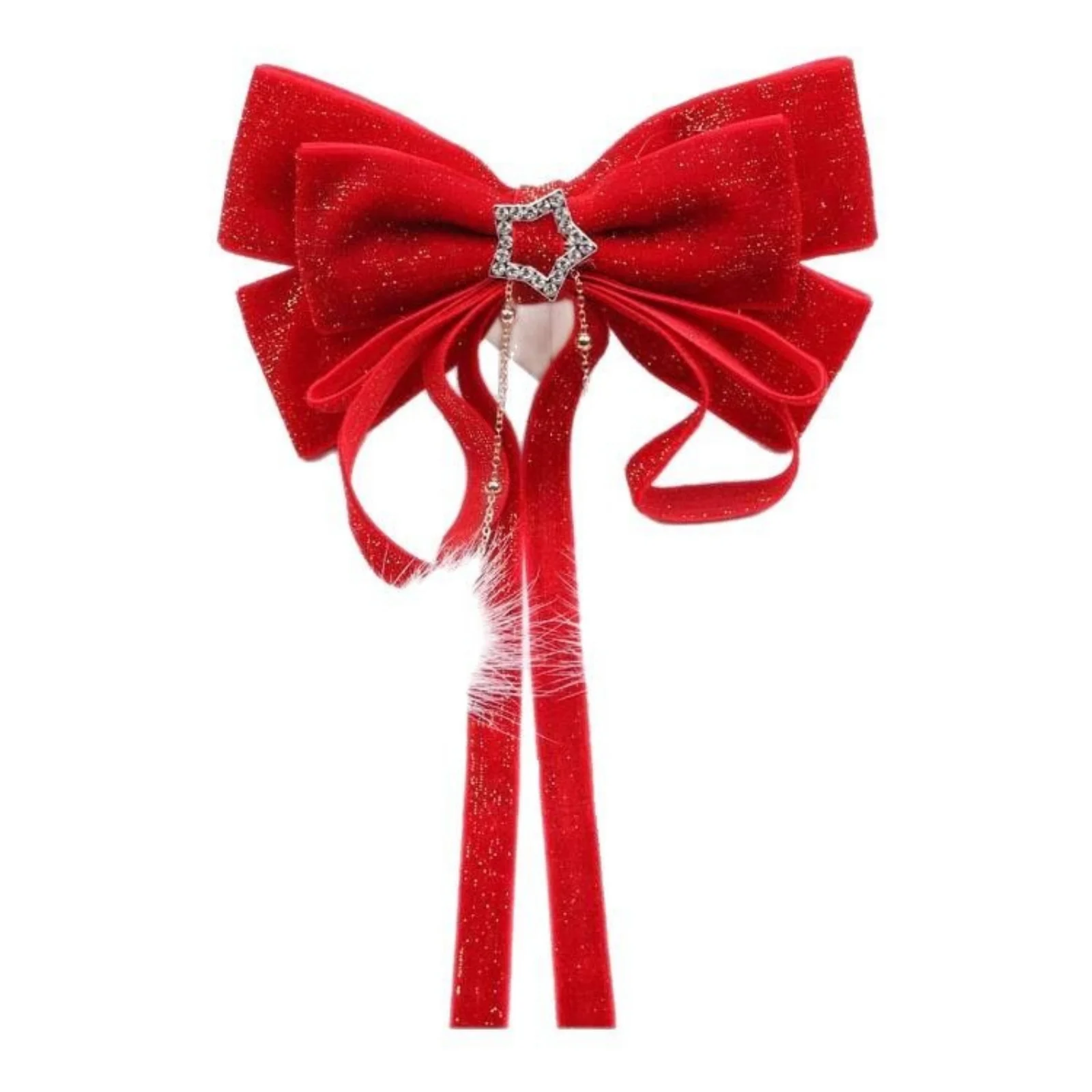 1PC Red Velvet Bow Hair Clip, Star Rhinestone Tassel Fluffy Pom Pom Design, Elegant Long Ribbon Hair Accessory for Women