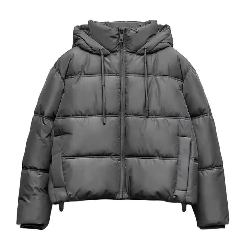 Gesteppte, kurze, dicke Kapuzenjacke für Damen, Winter-Wasser- und Windschutz, verkürzter Anorak, hoher Kragen, lange Ärmel, warmer Mantel_voghion.com