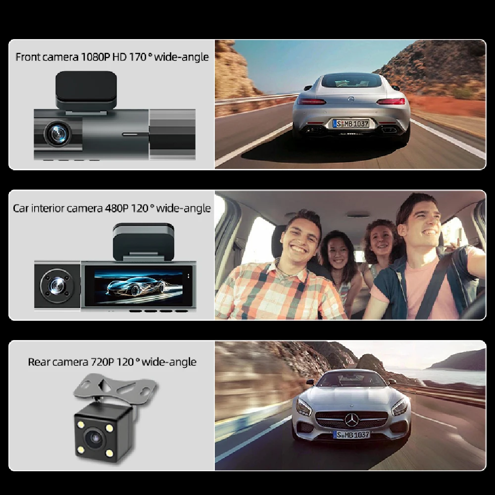 WiFi Car Dvr HD 1080P 3way Dash Cam Front Inside Rear Wide Angle Night Vision G-sensor Loop Recording Camera Vehicle Accessories dash cam dash cam accessory set