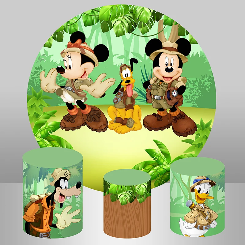 Forest Safari Mickey Minnie Mouse Round Fondale Cover Ragazzi Ragazze Jungle Birthday Party Circle Background Table Covers
