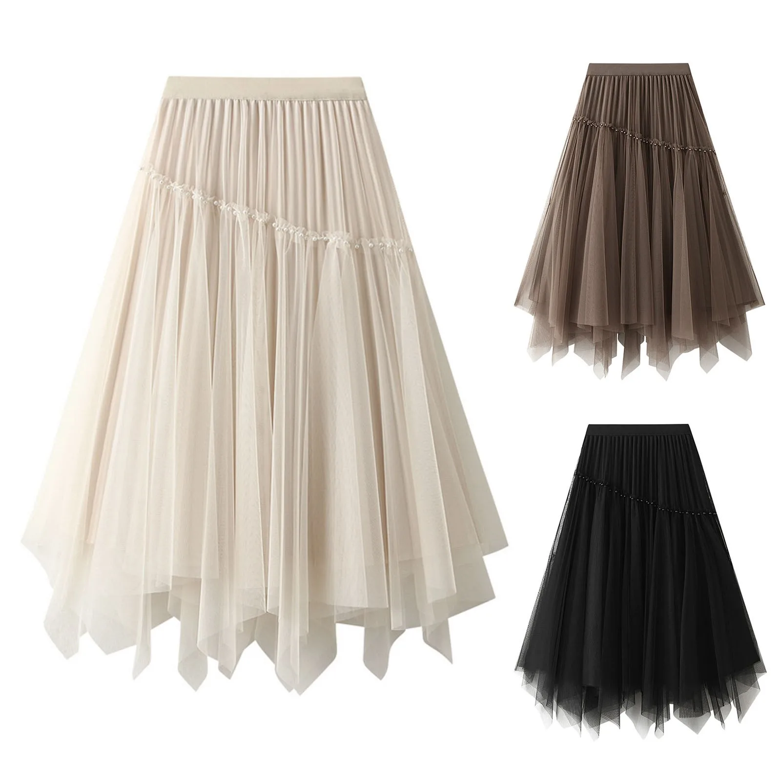 

Tutu Tulle Long Skirt For Women 2024 Summer Korean Fashion Irregular Hem High Waist Pleated Layered Mesh Midi Skirt Female