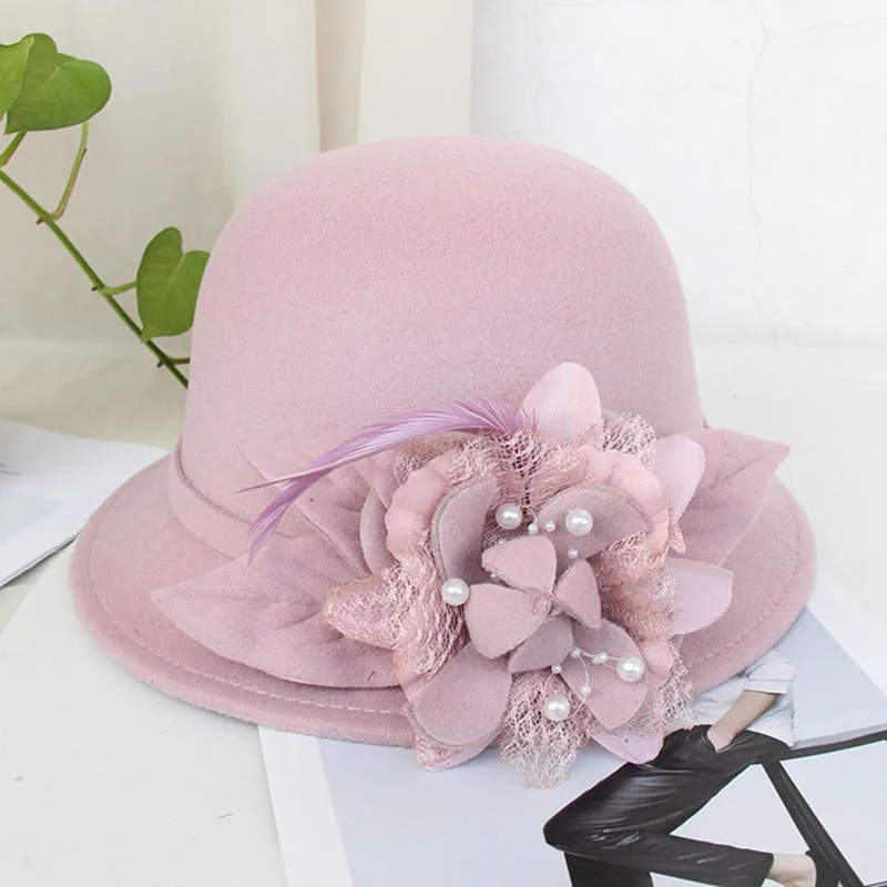 Fedora Hat Women's Elegant Vintage Wool Felt Ladies Cap Autumn Winter Dome Wedding Church Jazz Top Hat With Floral Female Bowler