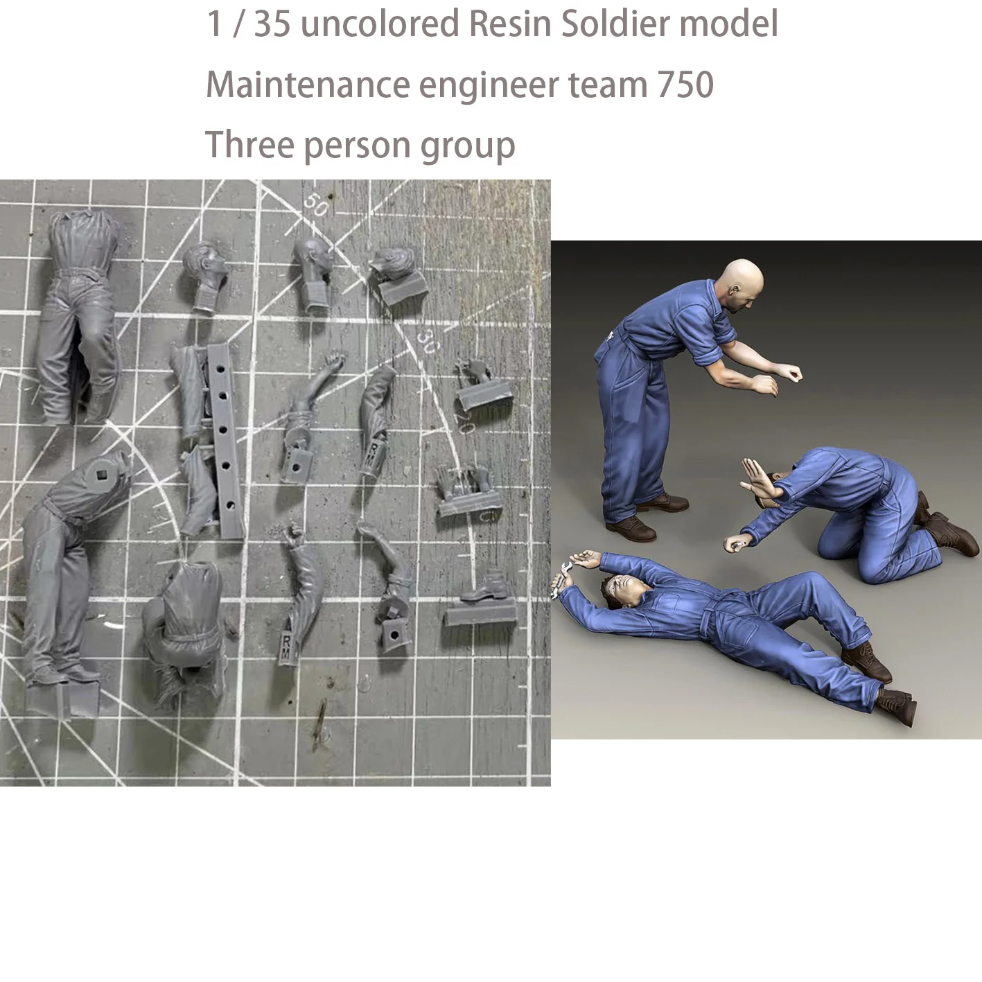 

1/35, Неокрашенная резиновая модель солдата, инженерная команда 750, Группа трех человек