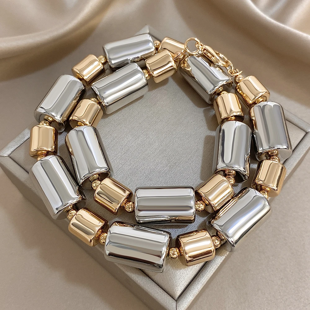 Einzigartiges Design Damen Halskette Chunky CCB Zweifarbig Gold Silber Farbe Unregelmäßige geometrische Halskette Statement Modeschmuck Geschenk – Detail 6
