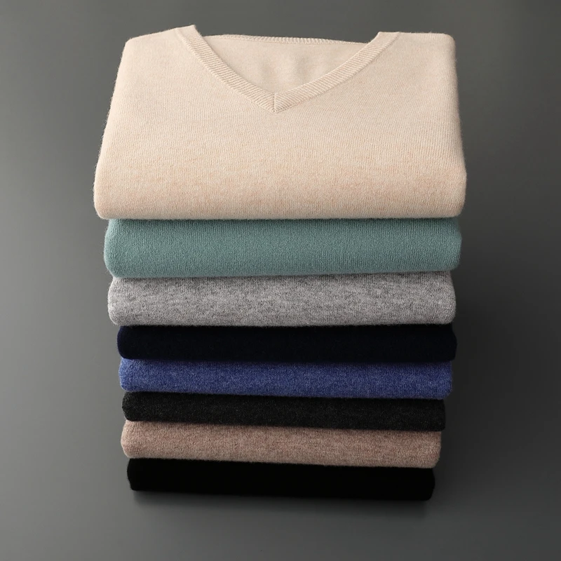 Autumn And Winter New Men's V-Neck Cashmere Loose Thickened Solid Color Wool Knitted Bottoming Shirt Business Casual Sweater 6