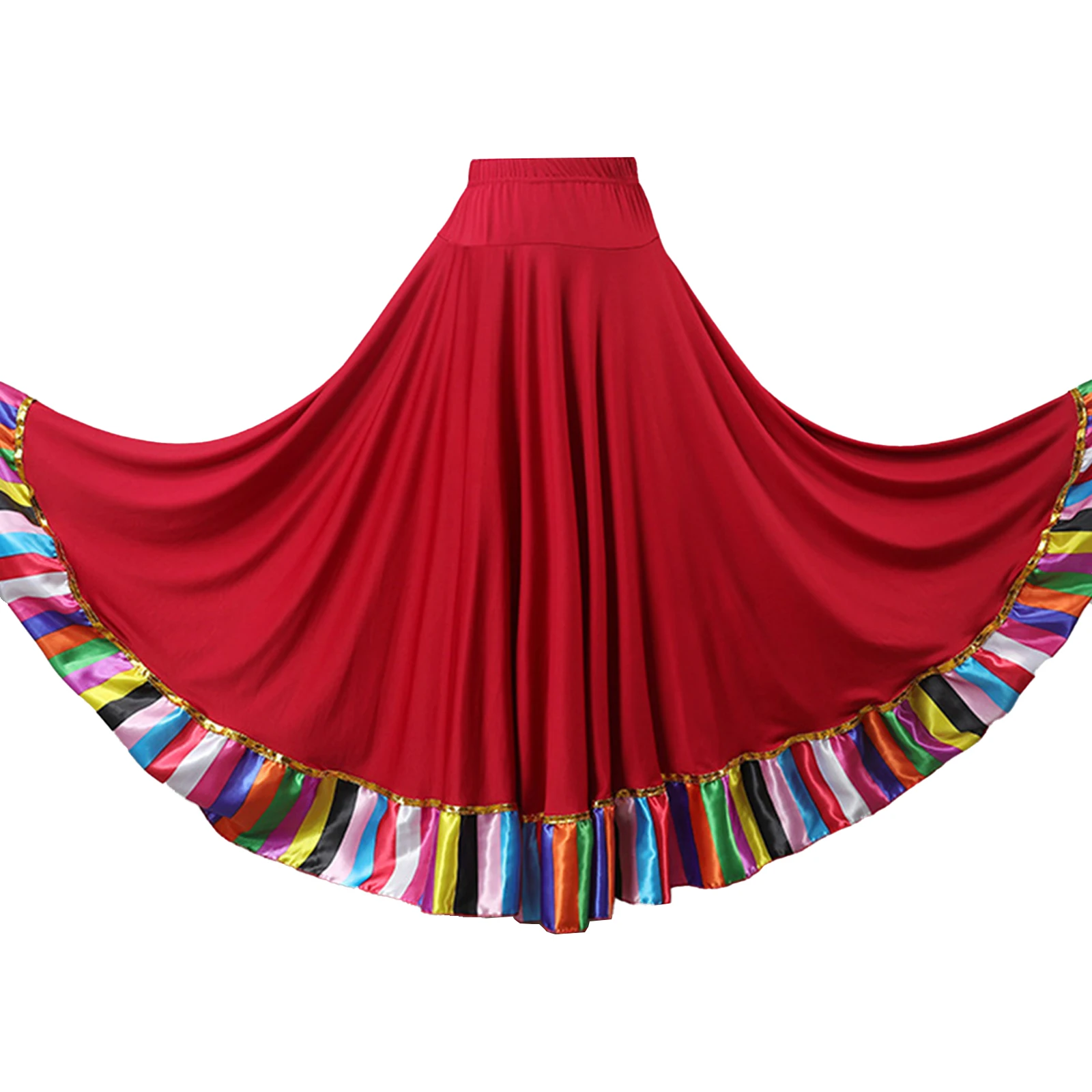 

Womens Adult Spanish Flamenco Skirt Colorful Striped Big Swing Folk Ballroom Dancing Skirts Team Stage Performance Costumes