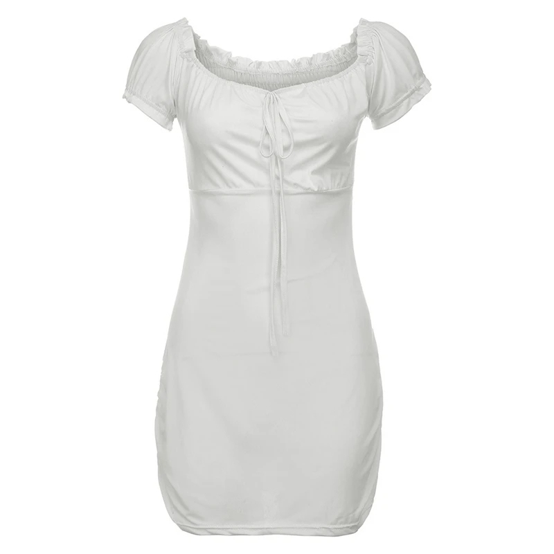 Sleeve Dress Solid Color Dress O-Neck Slim Fit lace  pleated square neck to the short-sleeved solid color pleated