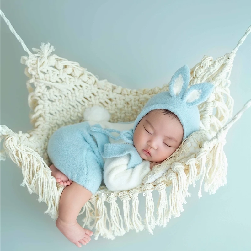 Newborn Baby Photography Props Blue Bunny Outfit Hanging Bed Knitting Hammock Fotografia Photoshoot Studio Shoot Photo Props