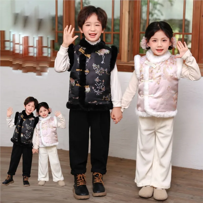 2026 새로운 중국 설날 의류 조끼 어린이 가을/겨울 소년/소녀의 새로운 중국 스타일 탕 의류 조끼 탑 LI864
