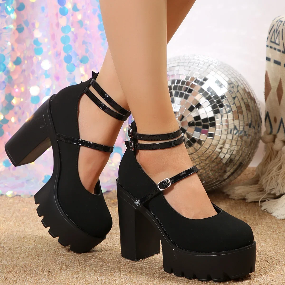 Pumps Women's Chunky Heeled Ankle Strap Sweet Platform Square Heel Woman High Heels Pumps Platform Shoes Spring Woman Shoes