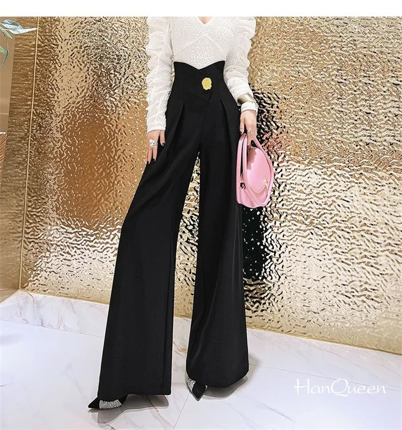 Elegant Office Lady Wide Leg Pants Korean Design Flower Button High Waist Pantalones Baggy Spring Summer Straight Spodnie New
