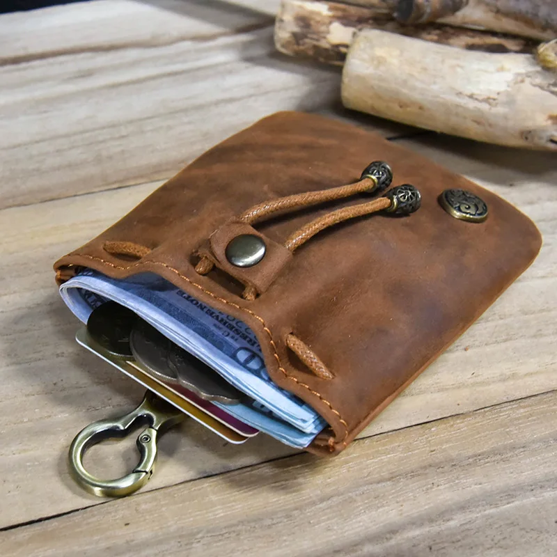 Genuine Leather Coin Purse For Men Male Vintage Original Cowhide Small Drawstring Bag Coin Pouch Key Card Holder Keychain Wallet
