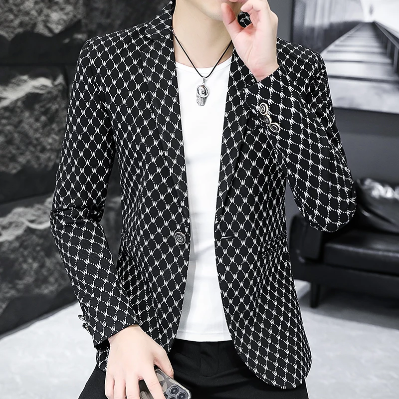 Korean Letter Print Men Blazers Brand Spring Casual Business Suit Jackets Slim Fit Street Wear Social Jacket Men Clothing