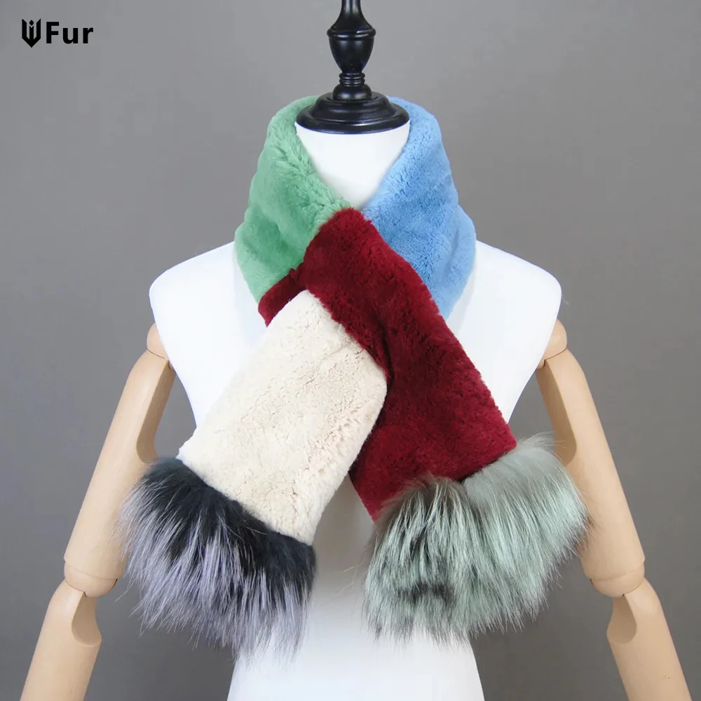 Winter Women Genuine Knitted Fox Fur Scarf Real Rex Rabbit Fur Collar Warm Neck Natural colorful Rex Rabbit Scarves