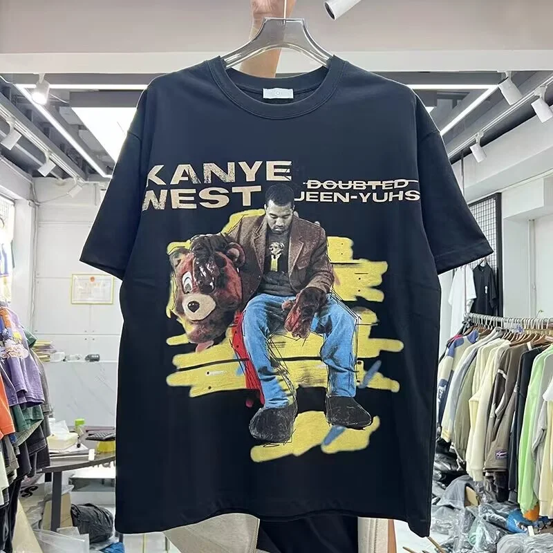 

23SS New KANYE T-Shirt Round Neck Vintage Washed Old Made Oversized Men's And Women's Cotton Short Sleeve Top Hip Hop