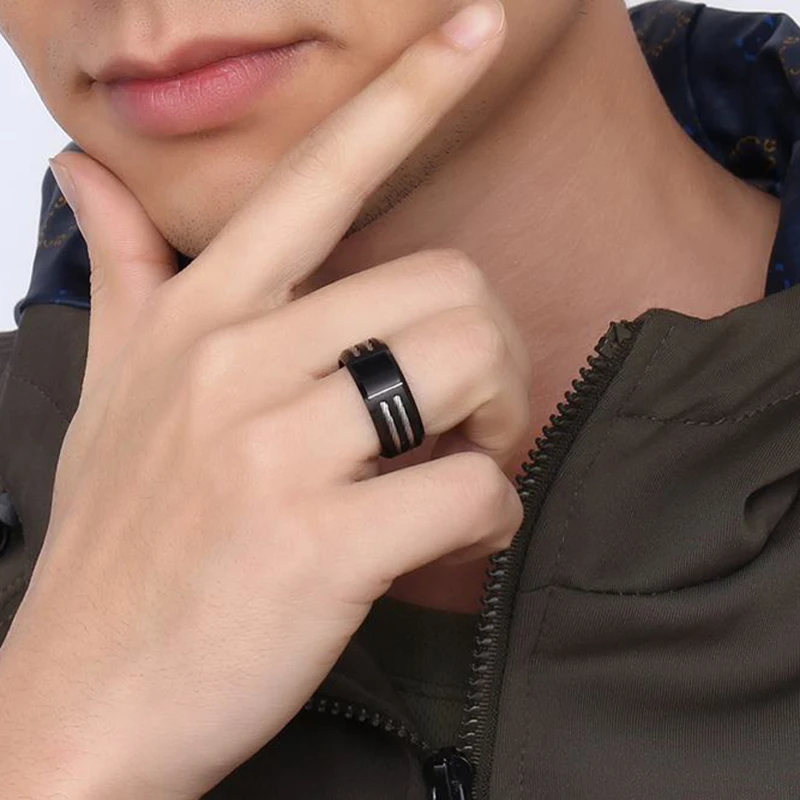 Stylish Black Mens Initial Ring, Waterproof Stainless Steel A-Z Letter Wedding Bands for Male Boys Finger Gift Jewelry 3