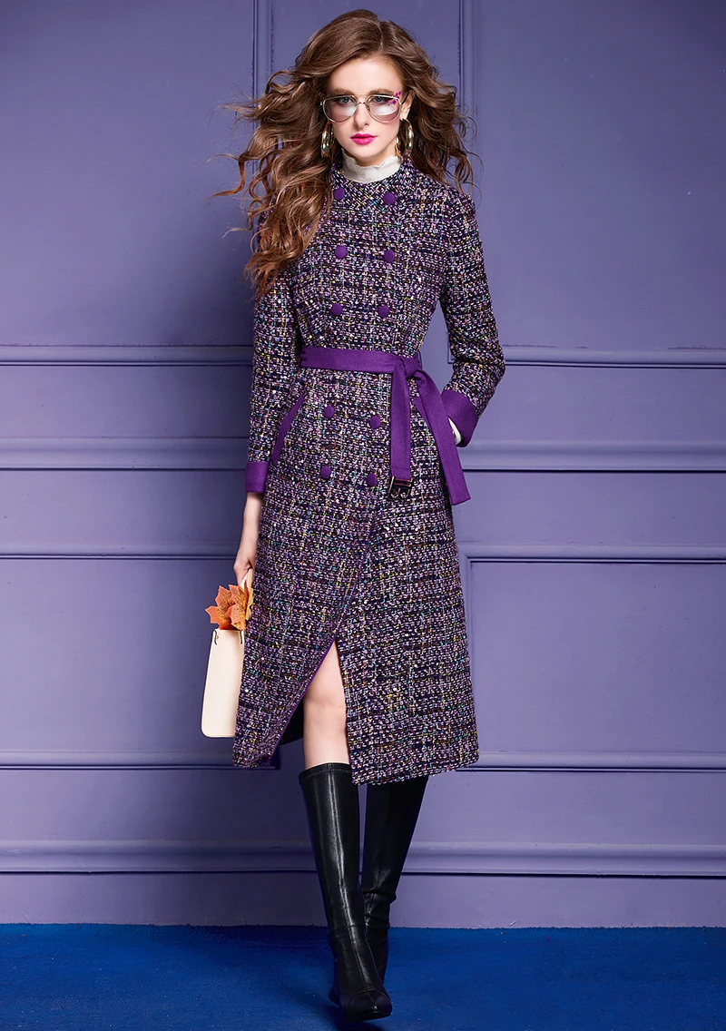 

Vintage Purple Long Wool Blends Tweed Jackets for Women Autumn Winter Double Breasted Thick Overcoat Plus Size Outerwear