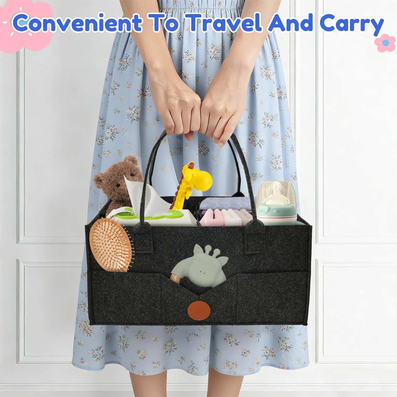 2Pcs Diaper Caddy Organizer Baby Felt Storage Basket with Dividers and Handle Large Capacity Portable Infant Diaper Bag for Baby