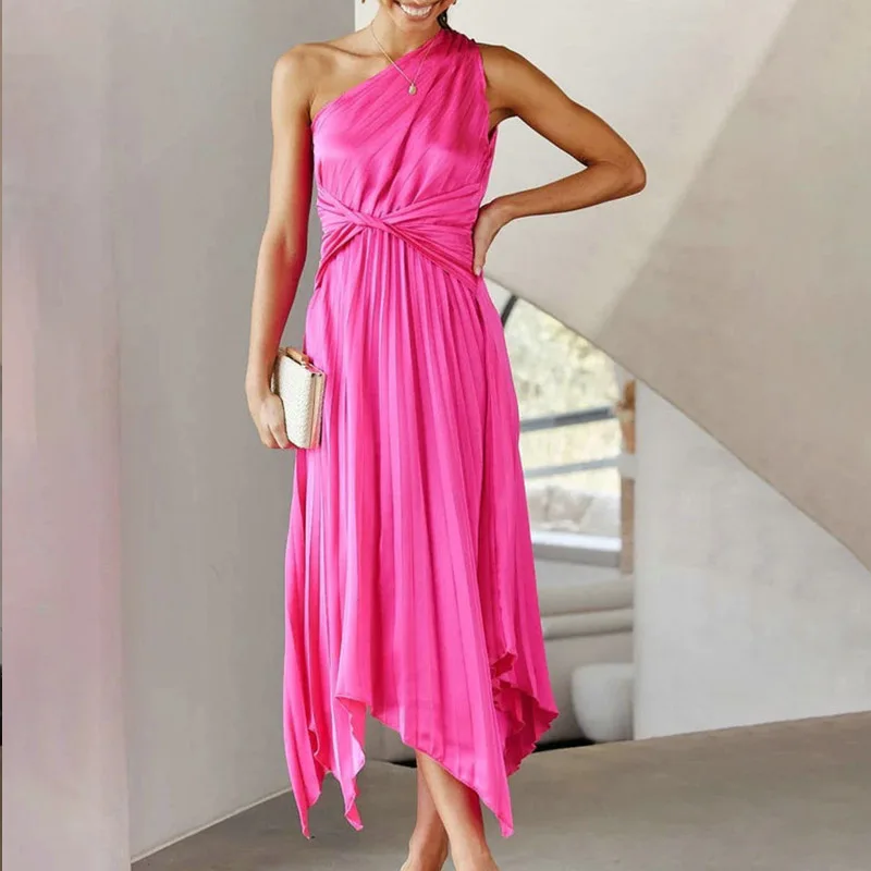 Women One Shoulder Irregular Pleated Satin Wedding Guest Dress