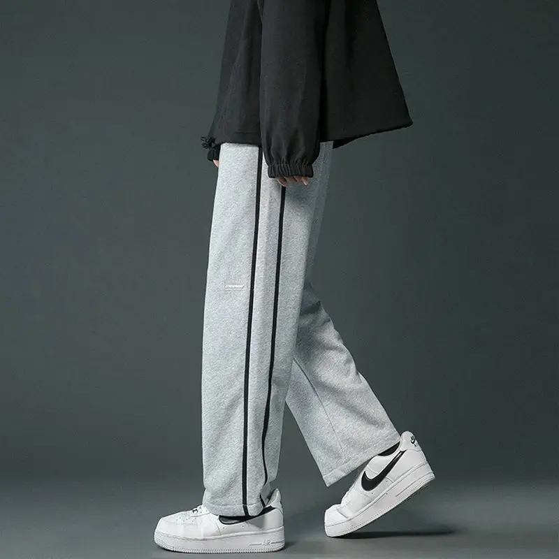 Korean Fashion Men Clothing Straight Sweatpants Spring Autumn Streetwear Casual Versatile Elastic Waist Loose Striped Trousers