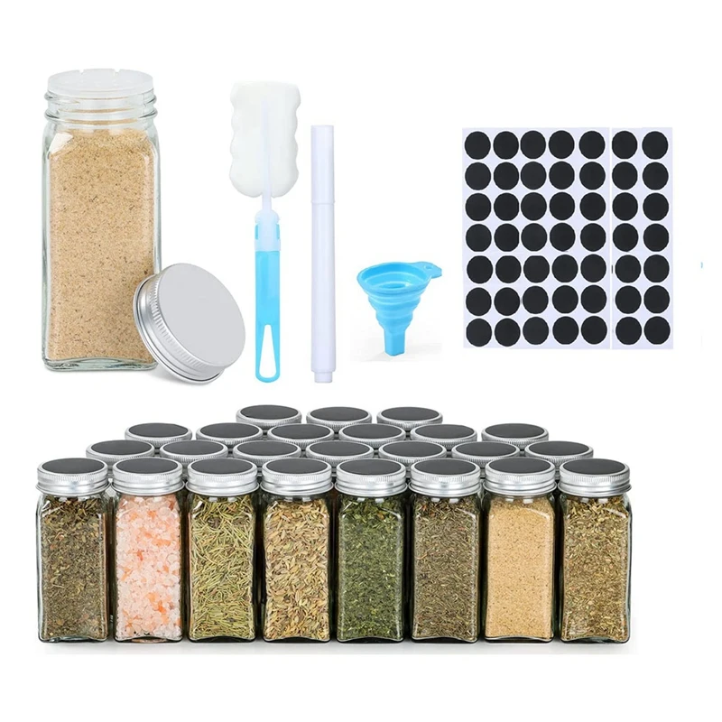 Spice Jars With Label, 24 Pcs Glass Spice Jars 4Oz Seasoning Organizer, Empty Square Containers Bottles