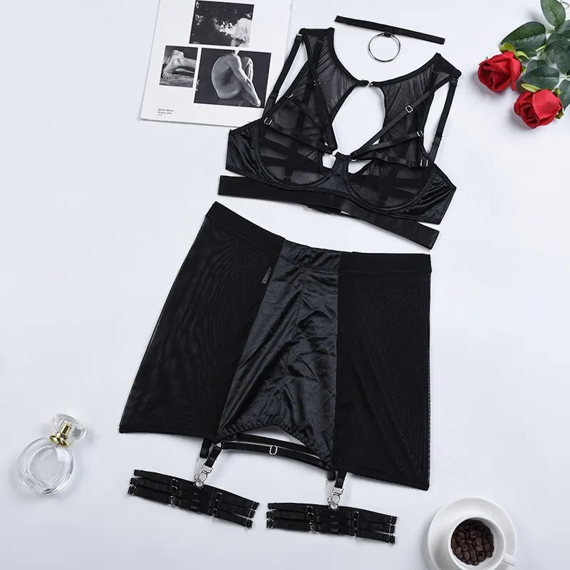 Lingerie 5-Pieces Fancy Underwear Sexy Women Uncensored Transparent Bra Garters Briefs Sets Bandage Sex Outfits_voghion.com