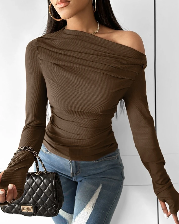 

Tight Fitting Base Spicy Girl Sexy Top 2024 Spring Autumn for Women's Tee Fahsion Solid Color Skew Neck Ruched Long Sleeve Top