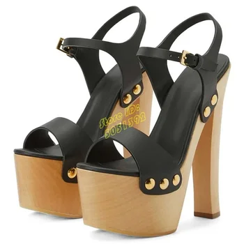 Platform Wooden Heel Sandals Block High Heel Open Toe Ankle Buckle Strap Leather Rivet Runway 2025 Summer Dress Shoes