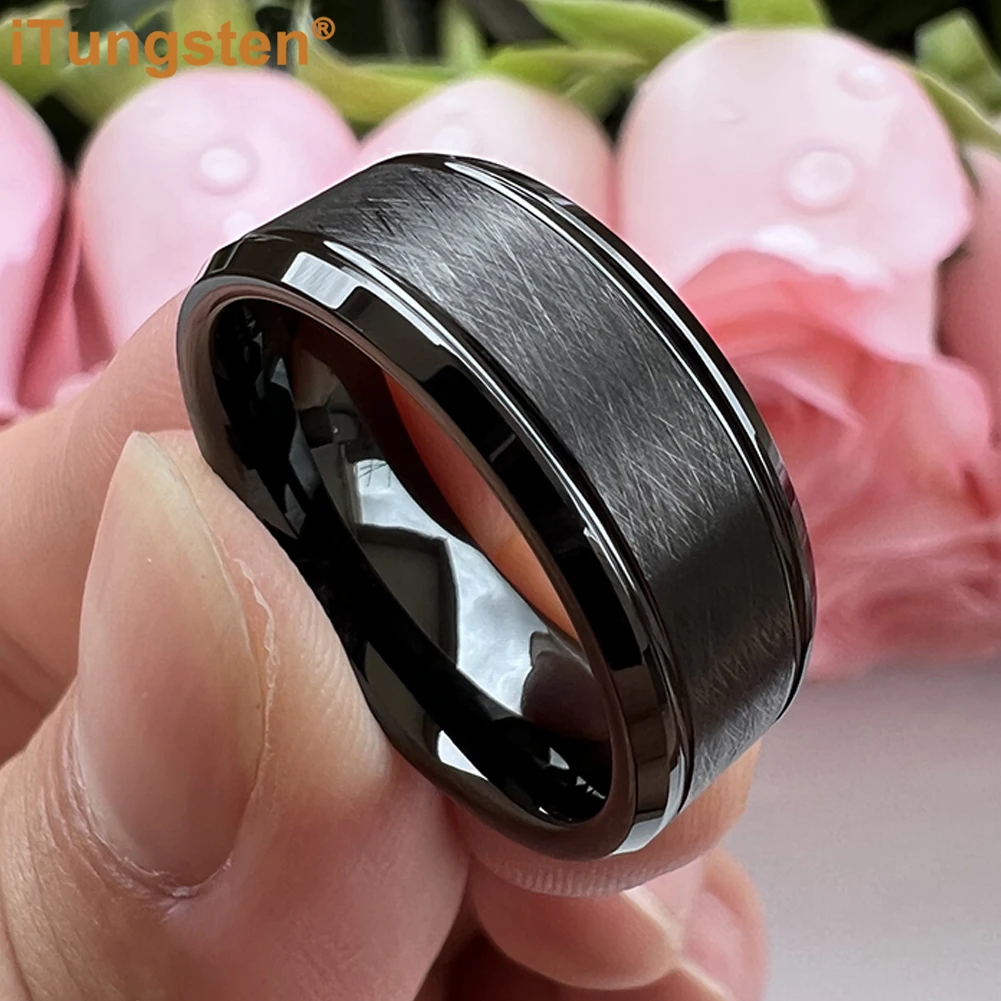 ungsten 8mm anello in carburo di tungsteno nero per uomo donna Trendy fidanzamento fedi nuziali bordi smussati finura spazzolata Comfort F  36