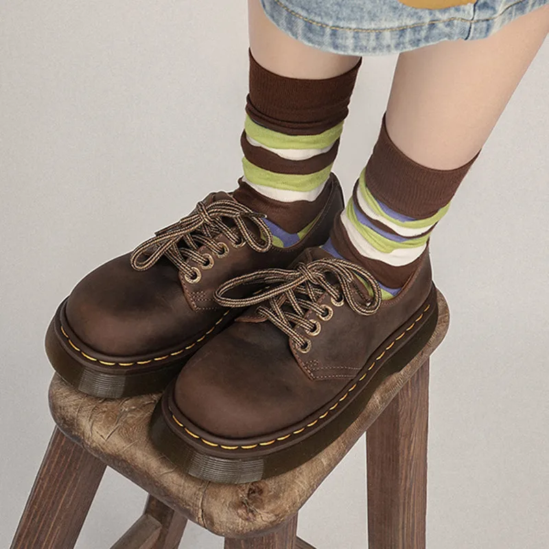 Retro Female Derby Shoes Round Toe Split Leather Thick Heels All-Match Vintage Lacing Women's Shoes British Style Flats