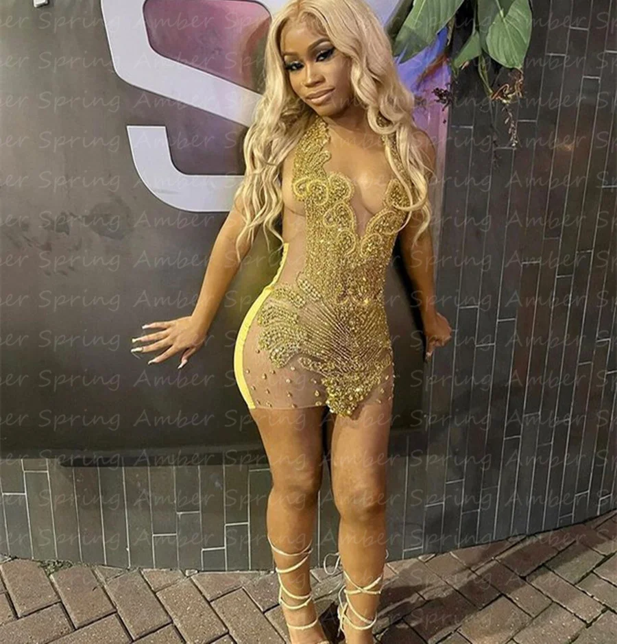 Sparkly Gold Short Prom Dresses Luxury Rich Girl Crystal Rhinestones Glitter Birthday Party Gowns Mini Robe