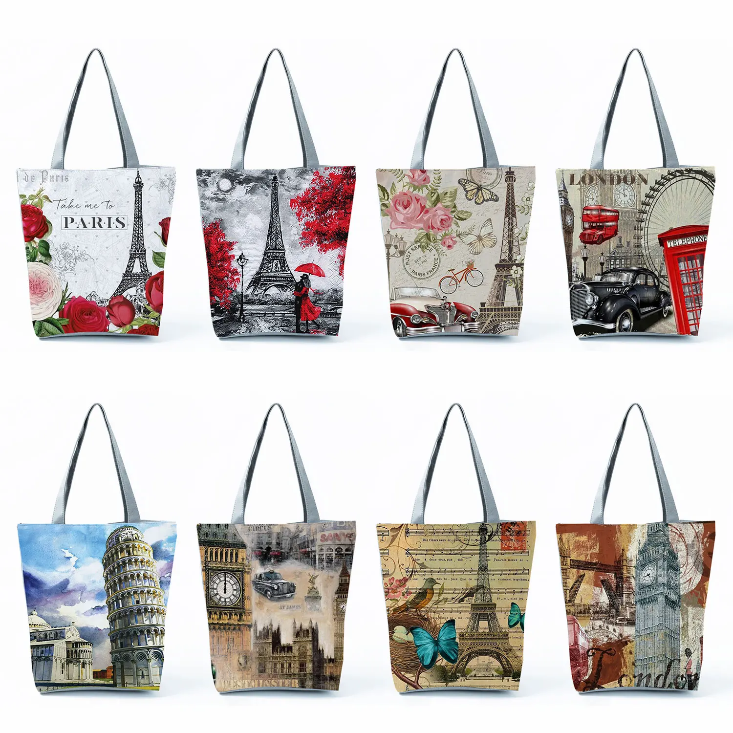 

Gift Handbags Eiffel Tower Big Ben Printed Building Iron Tower Women Shoulder Bags Casual Tote Beautiful Landscape Shopping Bag