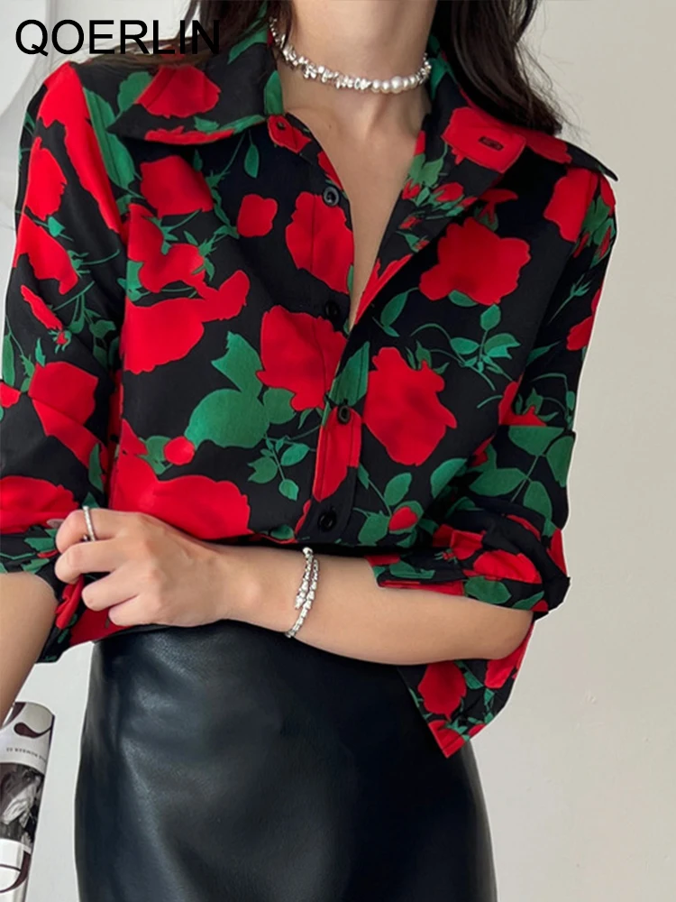 QOERLIN Black Printed Blouse Women Turn-Down Collar Single-Breasted Rose Floral Shirts Long Sleeve Fashion Tops Ladies Workwear 2023 new ladies retro black suit jumpsuit lapel belt ladies loose high waist jumpsuit shorts workwear wide leg jumpsuit summer