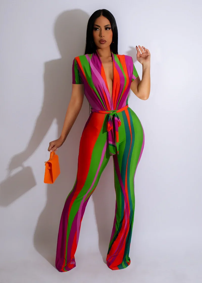 

WUHE Colorful Striped Deep V-neck with Sashes Wide Leg Sexy Party Jumpsuit 2024 Summer Playsuit Women Romper One Piece Suit