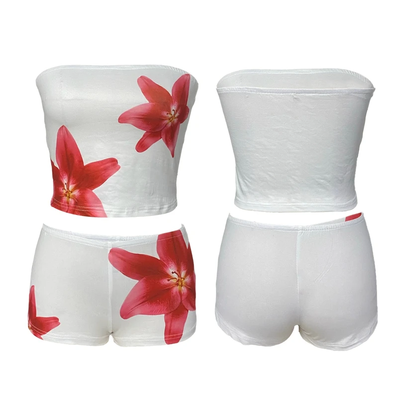 Beach Vacation Lounge Oufits 2 Pice Set Flower Print Strapless Crop Tube Tops Bandeau + Skinny Mini Skirt Wrap Bodycon Women