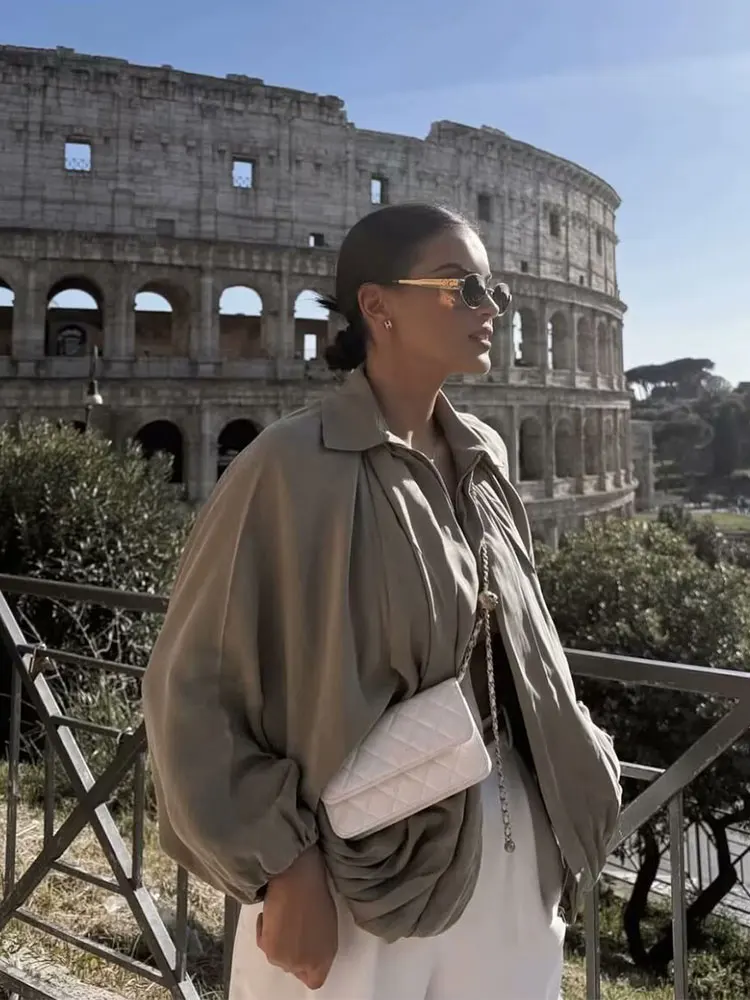 HH 2025 Women Casual Vintage Green Loose Coats Long Sleeve Zipper Bomber Jacket Autumn Female Fashion Streetwear Coat