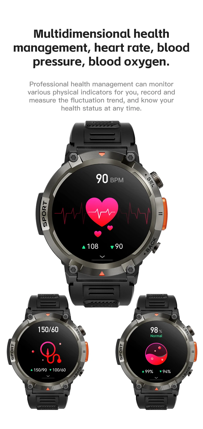 Montre connectée de sport pour hommes avec lampe de poche, moniteur de tension artérielle | Étanchéité IP67 pour Android IOS