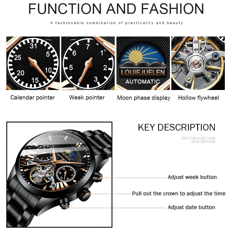 BELUSHI Men Automatic Watch Luxury Skeleton Tourbillon Clock Mens Stainless Steel Business Waterproof Mechanical Wristwatches