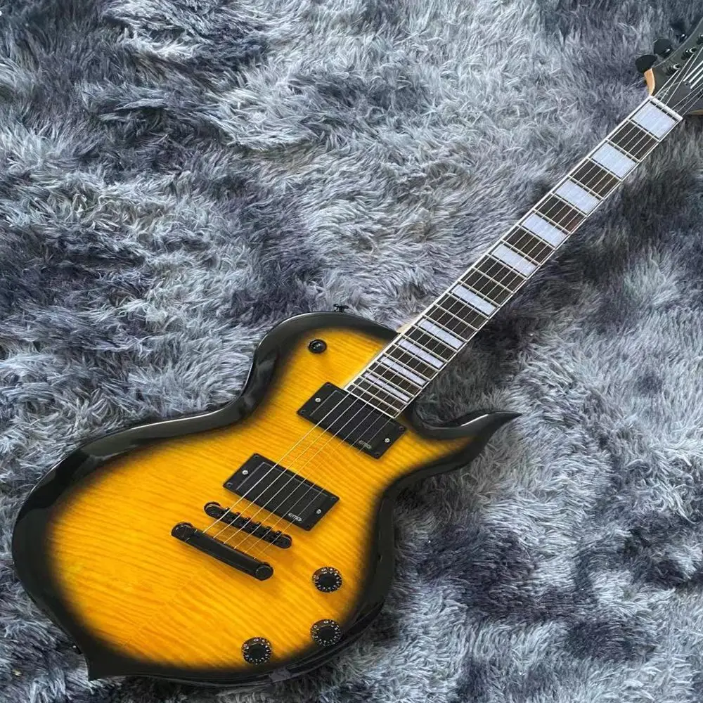 

Six string electric guitar, yellow tiger pattern black metal maple neck guitar, free transportation