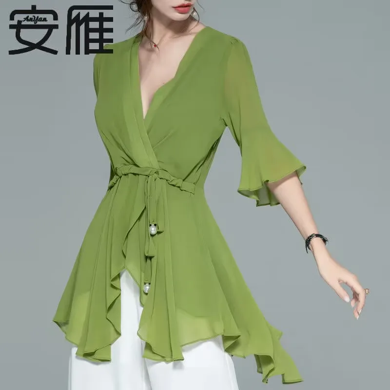 

Women tops Ruffles Bandage Bow Irregular Blouse Women Clothing 2023 Summer Casual Pullover Shirring Asymmetrical Shirt blusas